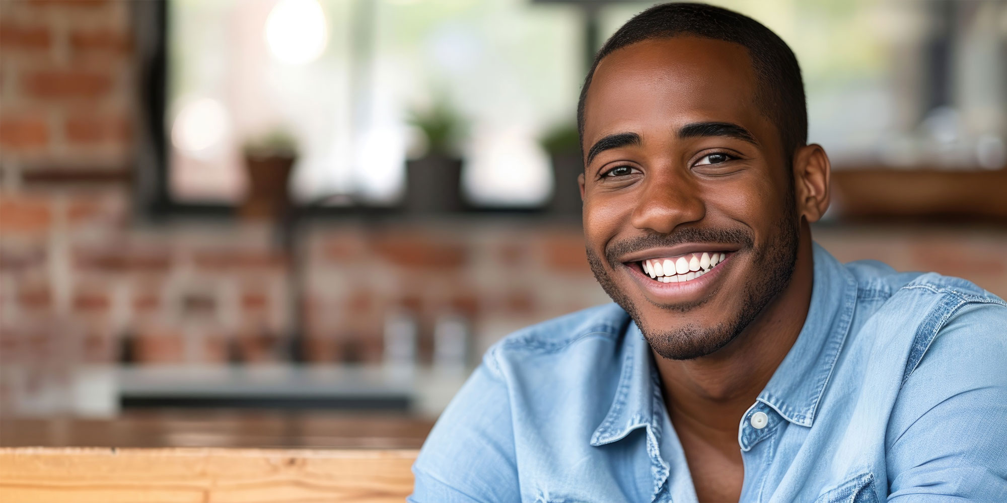 person smiling brightly within a bar